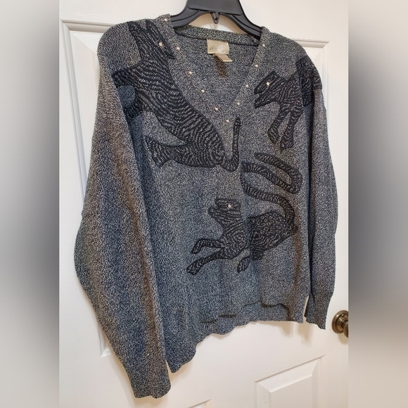 Vintage 80's  Ann Wi Grey And Black Cat Print Silver Tone Studded Sweater Size L - Picture 6 of 6